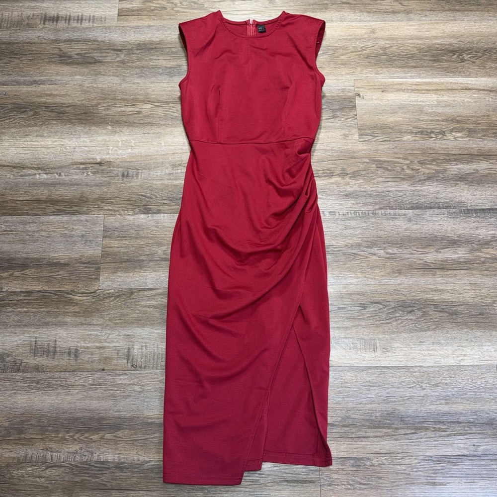Shein Vibrant Maroon Sleeveless Midi Dress Womens Small (4) Elegant Side Slit